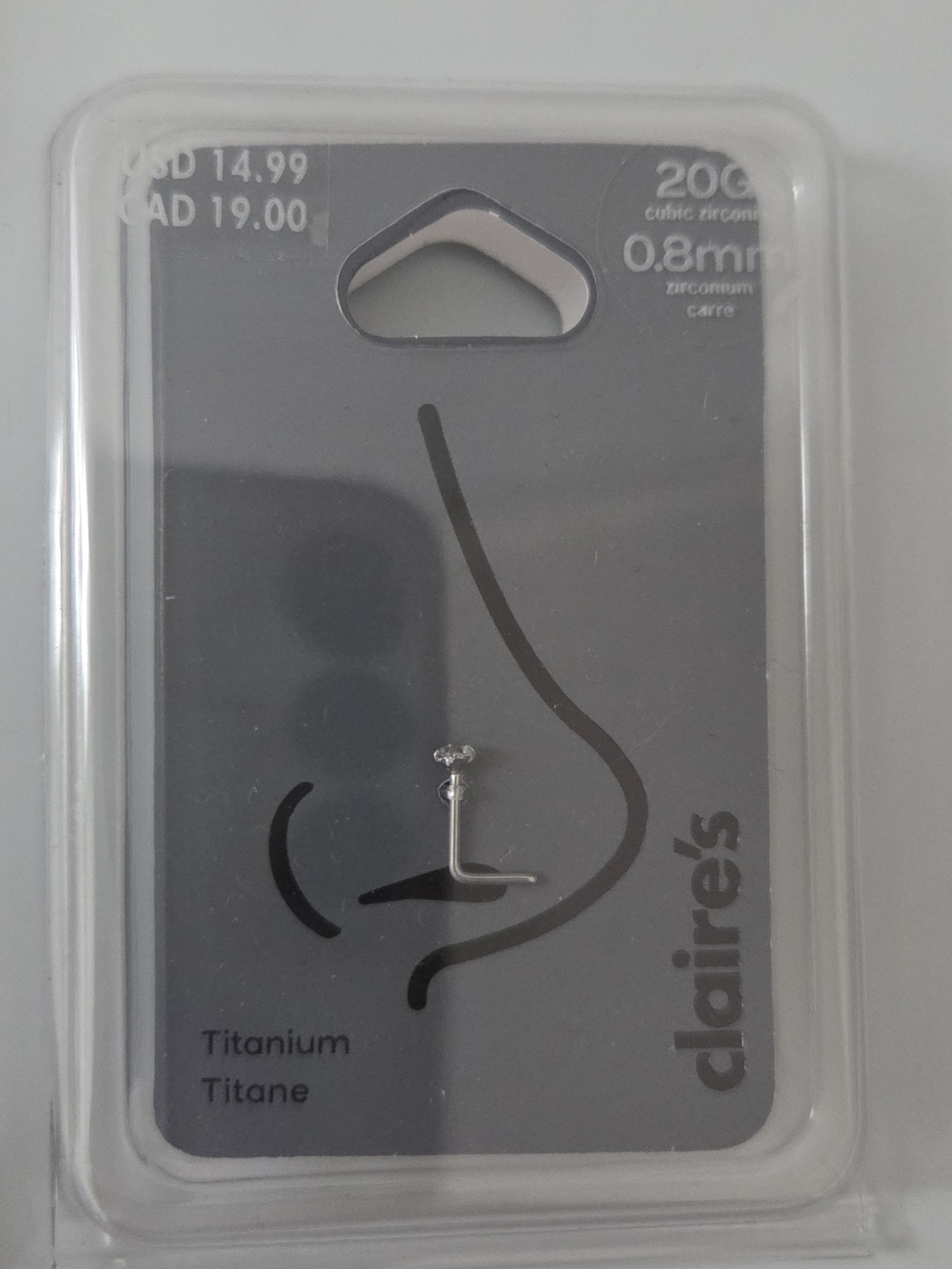Claire's Titanium 20G Nose Stud Clear Cubic Zirconia 0.8mm New Sealed